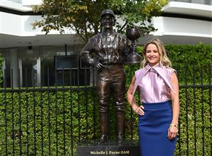 MELBOURNE, AUSTRALIA - MARCH 26: Michelle Payne, the first female jockey to win Australia’s most iconic race, the Lexus Melbourne Cup aboard Prince of Penzance poses during the official unveiling of the Michelle Payne Statue at Flemington Racecourse on March 26, 2026 in Melbourne, Australia. (Photo by Vince Caligiuri/Getty Images)