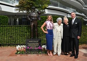 MELBOURNE, AUSTRALIA - MARCH 26: Michelle Payne, the first female jockey to win Australia’s most iconic race, the Lexus Melbourne Cup aboard Prince of Penzance poses with  philanthropist Lady Marigold Southey AC, acclaimed artist Judith Leman and and Neil Wilson – VRC Chairman (r) during the official unveiling of the Michelle Payne Statue at Flemington Racecourse on March 26, 2026 in Melbourne, Australia. (Photo by Vince Caligiuri/Getty Images)