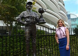 MELBOURNE, AUSTRALIA - MARCH 26: Michelle Payne, the first female jockey to win Australia’s most iconic race, the Lexus Melbourne Cup aboard Prince of Penzance poses during the official unveiling of the Michelle Payne Statue at Flemington Racecourse on March 26, 2026 in Melbourne, Australia. (Photo by Vince Caligiuri/Getty Images)