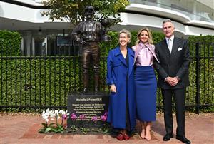 MELBOURNE, AUSTRALIA - MARCH 26: Michelle Payne, the first female jockey to win Australia’s most iconic race, the Lexus Melbourne Cup aboard Prince of Penzance poses with Kylie Rogers – VRC CEO and Neil Wilson – VRC Chairman during the official unveiling of the Michelle Payne Statue at Flemington Racecourse on March 26, 2026 in Melbourne, Australia. (Photo by Vince Caligiuri/Getty Images)