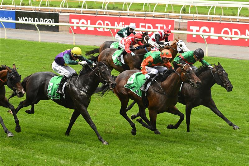 MELBOURNE, AUSTRALIA - MARCH 28: Luke Cartwright riding riding Pop Award (r) winning Race 1, the Tab We're On Handicap. Getty)