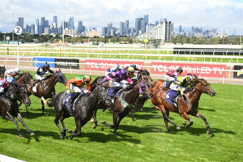 MELBOURNE, AUSTRALIA - MARCH 28: Damian Lane riding Stoli Bolli winning Race 4, the Glorious Goodwood Handicap during Melbourne Racing at Flemington Racecourse on March 28, 2026 in Melbourne, Australia. (Photo by Vince Caligiuri/Getty Images)