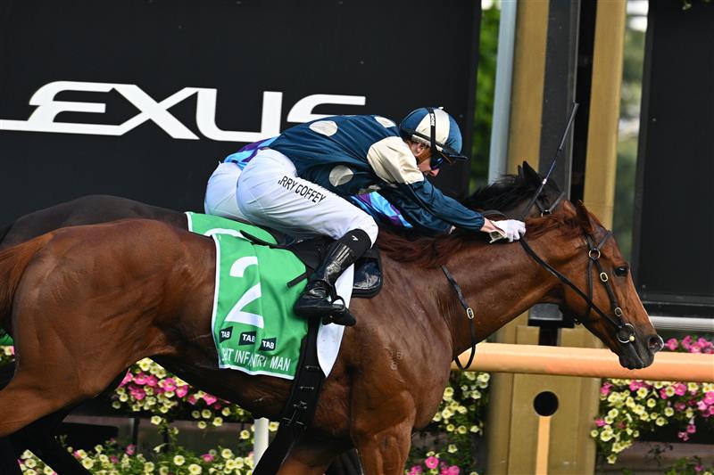 MELBOURNE, AUSTRALIA - MARCH 28: Harry Coffey riding Light Infantry Man defeats Declan Bates riding Pride of Jenni in Race 8, the Tab Australian Cup during Melbourne Racing at Flemington Racecourse on March 28, 2026 in Melbourne, Australia. (Photo by Vince Caligiuri/Getty Images)