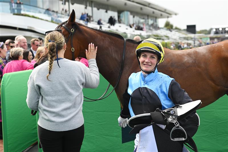 MELBOURNE, AUSTRALIA - MARCH 28: Jamie Melham riding Satono Glow after winning Race 3, the Tbv Thoroughbred Breeders Stakes during Melbourne Racing at Flemington Racecourse on March 28, 2026 in Melbourne, Australia. (Photo by Vince Caligiuri/Getty Images)