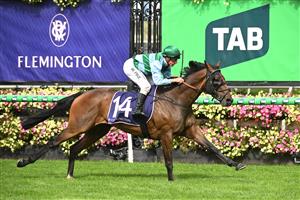 MELBOURNE, AUSTRALIA - MARCH 28: William Pike riding Zakouma winning Race 5, the The Curragh, Where Champions Are Made during Melbourne Racing at Flemington Racecourse on March 28, 2026 in Melbourne, Australia. (Photo by Vince Caligiuri/Getty Images)