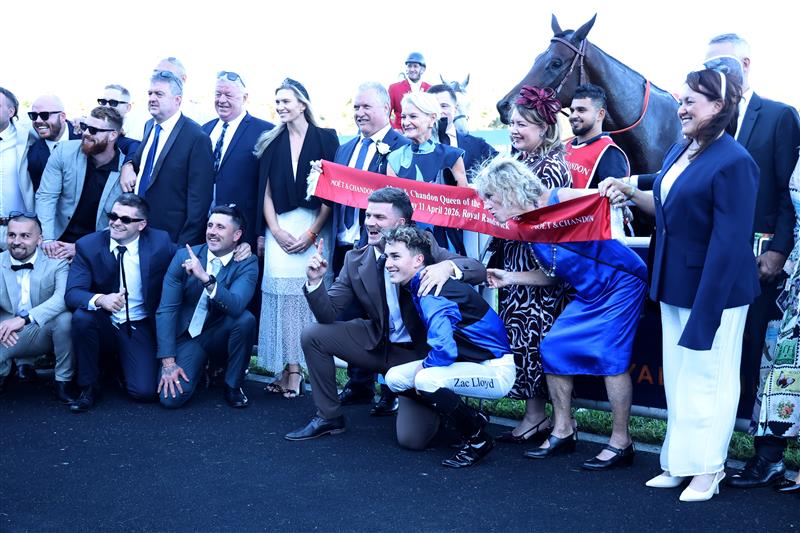 SYDNEY, AUSTRALIA - APRIL 11: Zac Lloyd  riding Idle Flyer  win Race 8 Moet & Chandon Queen Of The Turf Stakes during Sydney Racing at Royal Randwick Racecourse on April 11, 2026 in Sydney, Australia. (Photo by Jeremy Ng/Getty Images)