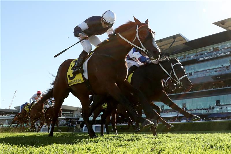 SYDNEY, AUSTRALIA - APRIL 11: Jason Collett riding Changingoftheguard win Race 7 Schweppes Sydney Cup during Sydney Racing at Royal Randwick Racecourse on April 11, 2026 in Sydney, Australia. (Photo by Jeremy Ng/Getty Images)