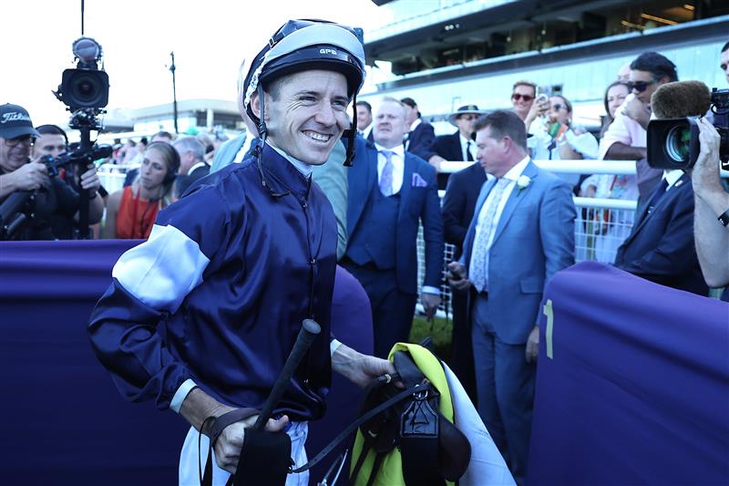 SYDNEY, AUSTRALIA - APRIL 11: Jason Collett riding Changingoftheguard win Race 7 Schweppes Sydney Cup during Sydney Racing at Royal Randwick Racecourse on April 11, 2026 in Sydney, Australia. (Photo by Jeremy Ng/Getty Images)