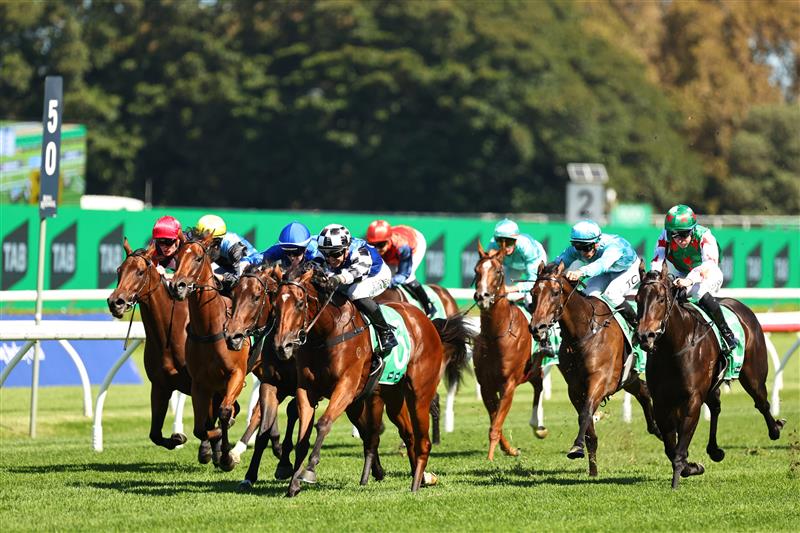 SYDNEY, AUSTRALIA - APRIL 11: Ben Thompson riding Cherry Bomshell win ?Race 3 TAB Percy Sykes Stakes during Sydney Racing at Royal Randwick Racecourse on April 11, 2026 in Sydney, Australia. (Photo by Jeremy Ng/Getty Images)