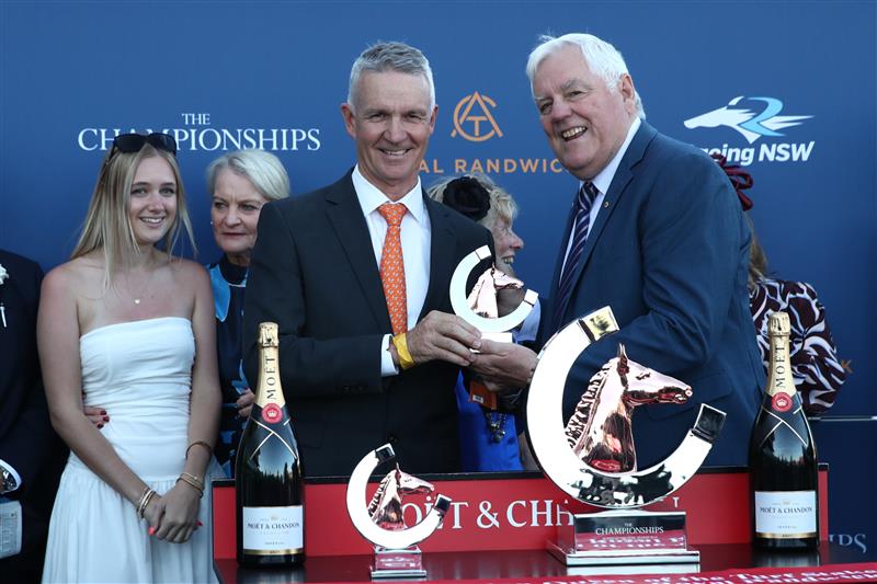 SYDNEY, AUSTRALIA - APRIL 11: Matthew Smith trainer of Idle Flyer ridden by Zac Lloyd celebrates after winning Race 8 The Moet & Chandon Queen of the Turf Stakes during Sydney Racing at Royal Randwick Racecourse on April 11, 2026 in Sydney, Australia. (Photo by Jason McCawley/Getty Images)