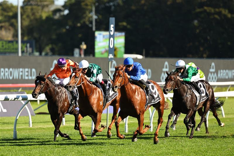 SYDNEY, AUSTRALIA - APRIL 11: Chad Schofield riding Tempted  win Race 6 Arrowfield 3YO Sprint during Sydney Racing at Royal Randwick Racecourse on April 11, 2026 in Sydney, Australia. (Photo by Jeremy Ng/Getty Images)