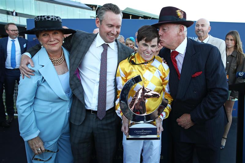 SYDNEY, AUSTRALIA - APRIL 11: Craig Williams and Adrian Bott trainer of Sir Delius celebrate after winning Race 9 The Queen Elizabeth Stakes during Sydney Racing at Royal Randwick Racecourse on April 11, 2026 in Sydney, Australia. (Photo by Jason McCawley/Getty Images)