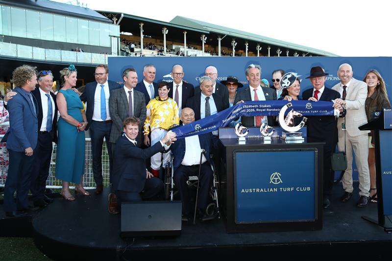 SYDNEY, AUSTRALIA - APRIL 11: Connections of Sir Delius celebrate after winning Race 9 The Queen Elizabeth Stakes during Sydney Racing at Royal Randwick Racecourse on April 11, 2026 in Sydney, Australia. (Photo by Jason McCawley/Getty Images)