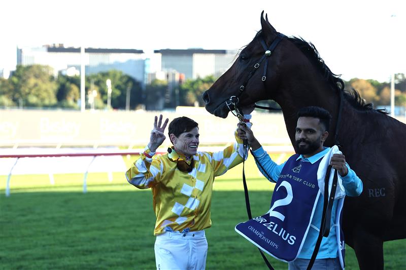 SYDNEY, AUSTRALIA - APRIL 11: Craig Williams riding Sir Delius win Race 9 Queen Elizabeth Stakes during Sydney Racing at Royal Randwick Racecourse on April 11, 2026 in Sydney, Australia. (Photo by Jeremy Ng/Getty Images)