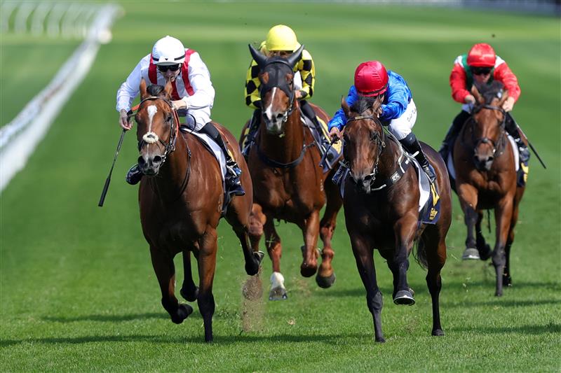 SYDNEY, AUSTRALIA - APRIL 11: Damian Lane (white cap) riding Beskar win Race 2 The Bisley Workwear South Pacific Classic during Sydney Racing at Royal Randwick Racecourse on April 11, 2026 in Sydney, Australia. (Photo by Jason McCawley/Getty Images)