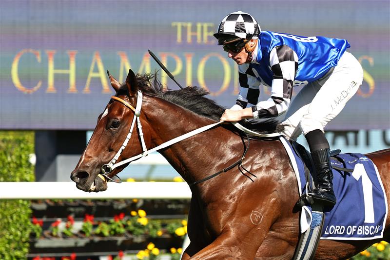 SYDNEY, AUSTRALIA - APRIL 11: James McDonald riding Lord Of Biscay win ?Race 4 Provincial-Midway Championships Final during Sydney Racing at Royal Randwick Racecourse on April 11, 2026 in Sydney, Australia. (Photo by Jeremy Ng/Getty Images)