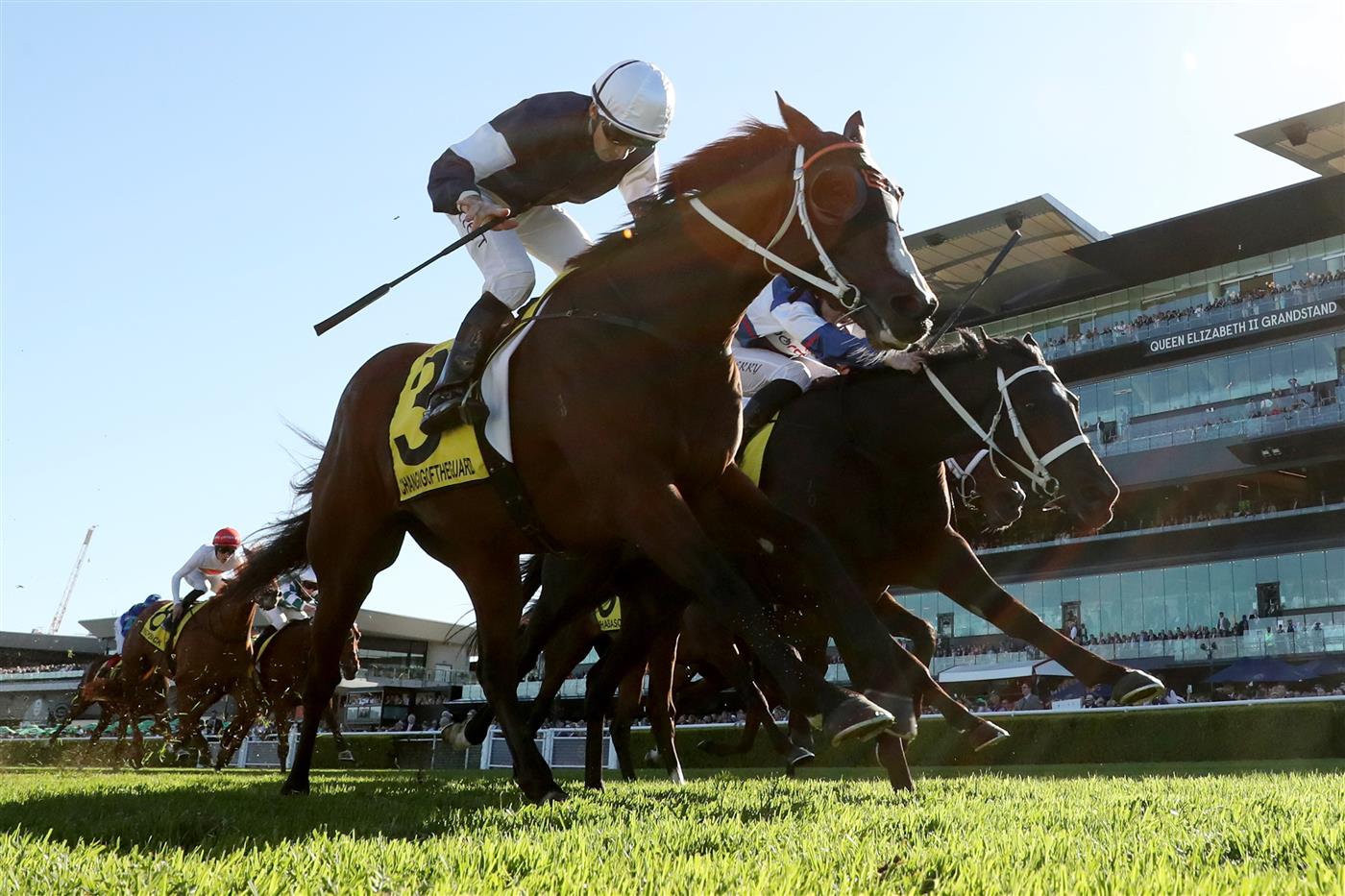 SYDNEY, AUSTRALIA - APRIL 11: Jason Collett riding Changingoftheguard win Race 7 Schweppes Sydney Cup during Sydney Racing at Royal Randwick Racecourse on April 11, 2026 in Sydney, Australia. (Photo by Jeremy Ng/Getty Images)