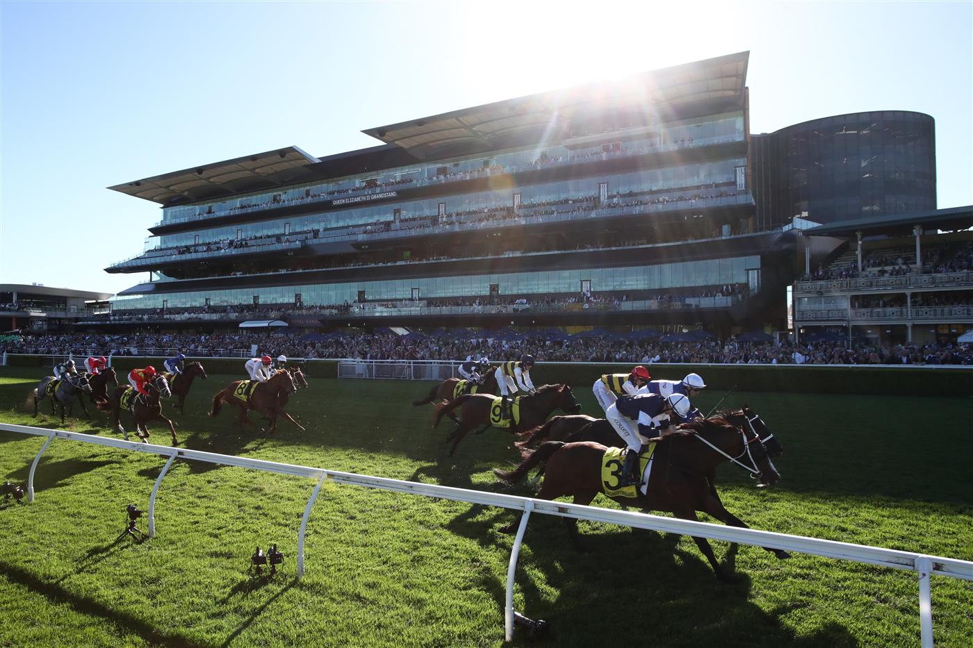 SYDNEY, AUSTRALIA - APRIL 11: (EDITORS NOTE: Image taken using a remote camera.) Jason Collett riding Changingoftheguard win Race 7 The Schweppes Sydney Cup during Sydney Racing at Royal Randwick Racecourse on April 11, 2026 in Sydney, Australia. (Photo by Jason McCawley/Getty Images)