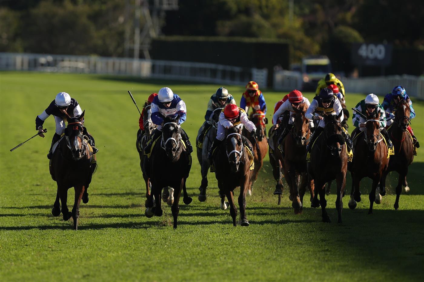 SYDNEY, AUSTRALIA - APRIL 11: Jason Collett riding Changingoftheguard (far left) win Race 7 The Schweppes Sydney Cup during Sydney Racing at Royal Randwick Racecourse on April 11, 2026 in Sydney, Australia. (Photo by Jason McCawley/Getty Images)