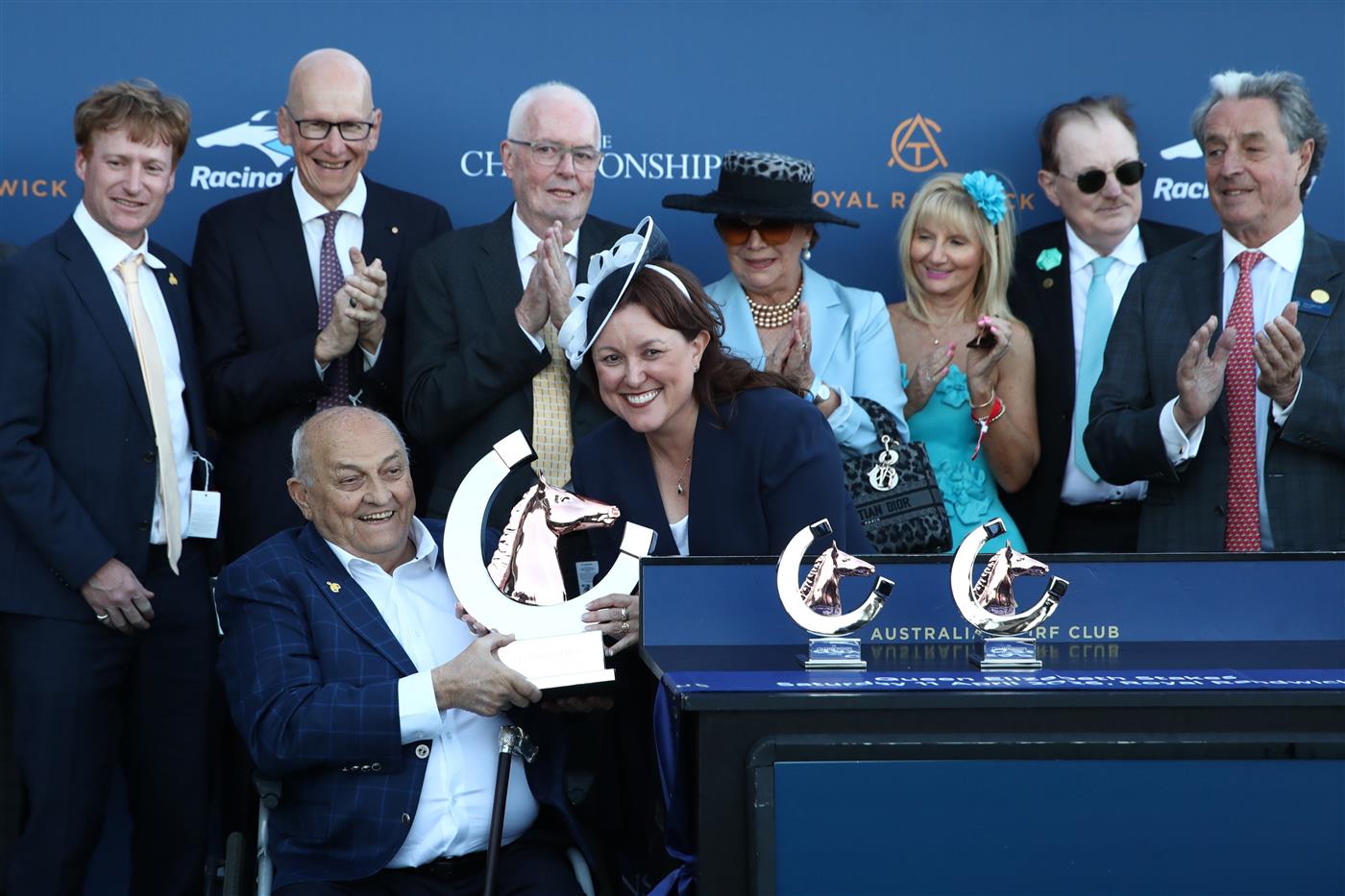 SYDNEY, AUSTRALIA - APRIL 11: Sir Owen Glenn owner of Sir Delius celebrates after winning Race 9 The Queen Elizabeth Stakes during Sydney Racing at Royal Randwick Racecourse on April 11, 2026 in Sydney, Australia. (Photo by Jason McCawley/Getty Images)