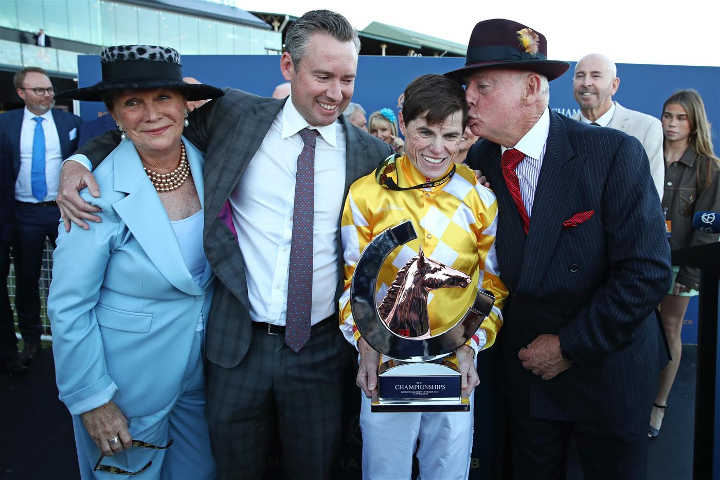 SYDNEY, AUSTRALIA - APRIL 11: Craig Williams and Adrian Bott trainer of Sir Delius celebrate after winning Race 9 The Queen Elizabeth Stakes during Sydney Racing at Royal Randwick Racecourse on April 11, 2026 in Sydney, Australia. (Photo by Jason McCawley/Getty Images)