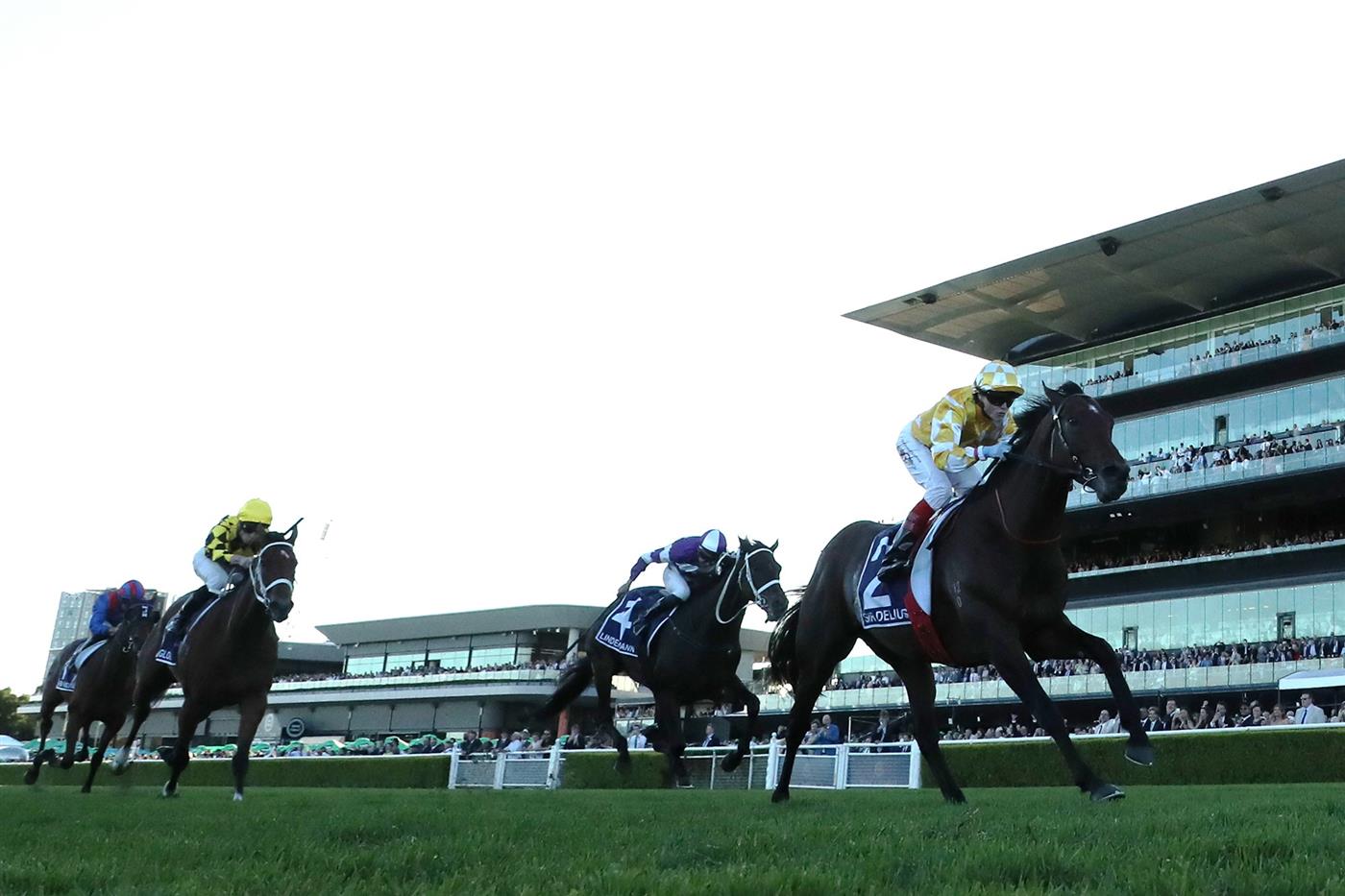 SYDNEY, AUSTRALIA - APRIL 11: Craig Williams riding Sir Delius win Race 9 Queen Elizabeth Stakes during Sydney Racing at Royal Randwick Racecourse on April 11, 2026 in Sydney, Australia. (Photo by Jeremy Ng/Getty Images)