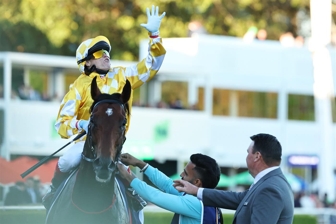 SYDNEY, AUSTRALIA - APRIL 11: Craig Williams riding Sir Delius win Race 9 Queen Elizabeth Stakes during Sydney Racing at Royal Randwick Racecourse on April 11, 2026 in Sydney, Australia. (Photo by Jeremy Ng/Getty Images)