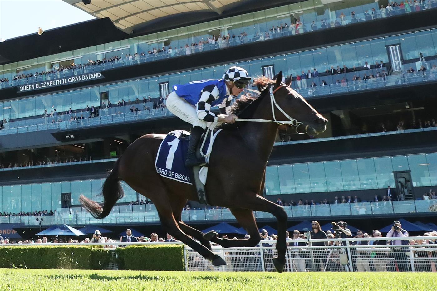 SYDNEY, AUSTRALIA - APRIL 11: James McDonald riding Lord Of Biscay win ?Race 4 Provincial-Midway Championships Final during Sydney Racing at Royal Randwick Racecourse on April 11, 2026 in Sydney, Australia. (Photo by Jeremy Ng/Getty Images)