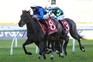 SYDNEY, AUSTRALIA - APRIL 11: Zac Lloyd riding Idle Flyer win Race 8 The Moet & Chandon Queen of the Turf Stakes during Sydney Racing at Royal Randwick Racecourse on April 11, 2026 in Sydney, Australia. (Photo by Jason McCawley/Getty Images)