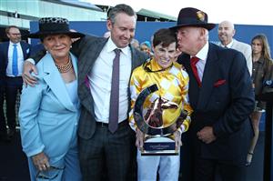 SYDNEY, AUSTRALIA - APRIL 11: Craig Williams and Adrian Bott trainer of Sir Delius celebrate after winning Race 9 The Queen Elizabeth Stakes during Sydney Racing at Royal Randwick Racecourse on April 11, 2026 in Sydney, Australia. (Photo by Jason McCawley/Getty Images)
