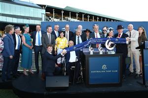 SYDNEY, AUSTRALIA - APRIL 11: Connections of Sir Delius celebrate after winning Race 9 The Queen Elizabeth Stakes during Sydney Racing at Royal Randwick Racecourse on April 11, 2026 in Sydney, Australia. (Photo by Jason McCawley/Getty Images)