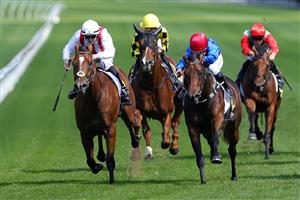 SYDNEY, AUSTRALIA - APRIL 11: Damian Lane (white cap) riding Beskar win Race 2 The Bisley Workwear South Pacific Classic during Sydney Racing at Royal Randwick Racecourse on April 11, 2026 in Sydney, Australia. (Photo by Jason McCawley/Getty Images)