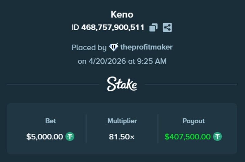 407K Stake Keno Win
