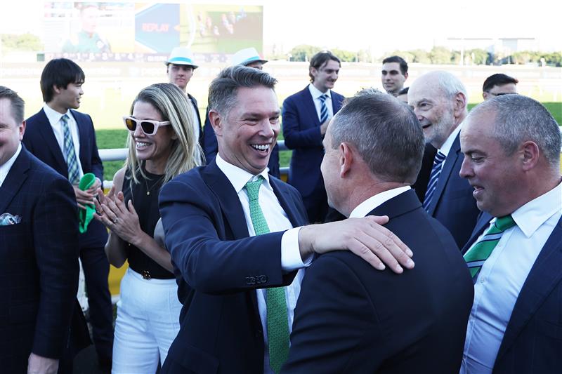 SYDNEY, AUSTRALIA - APRIL 18: Trainer Chris Waller celebrates after Tim Clark riding Fireball win Race 7 Moet & Chandon Champagne Stakes during Sydney Racing at Royal Randwick Racecourse on April 18, 2026 in Sydney, Australia. (Photo by Jeremy Ng/Getty Images)