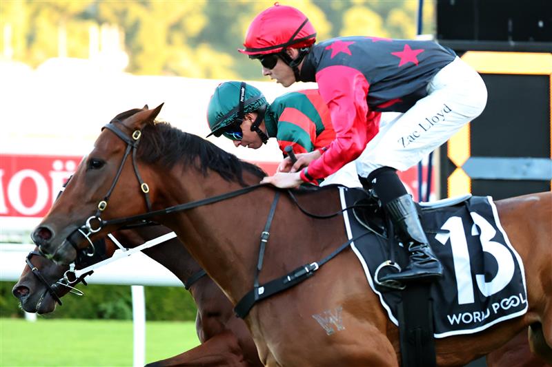 SYDNEY, AUSTRALIA - APRIL 18: Kerrin Mcevoy riding Captain Furai  win Race 10 HKJC World Pool during Sydney Racing at Royal Randwick Racecourse on April 18, 2026 in Sydney, Australia. (Photo by Jeremy Ng/Getty Images)