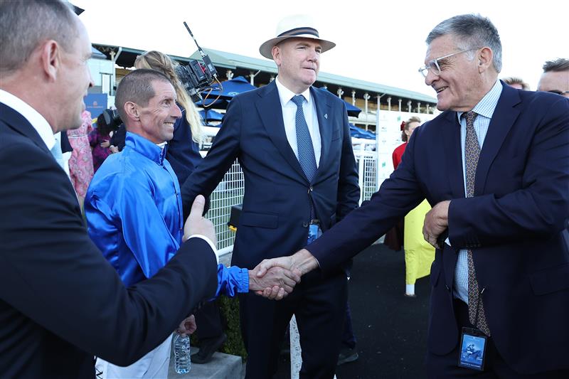 SYDNEY, AUSTRALIA - APRIL 18: Nash Rawiller riding Beiwacht  win Race 9 Schweppes All Aged Stakes during Sydney Racing at Royal Randwick Racecourse on April 18, 2026 in Sydney, Australia. (Photo by Jeremy Ng/Getty Images)