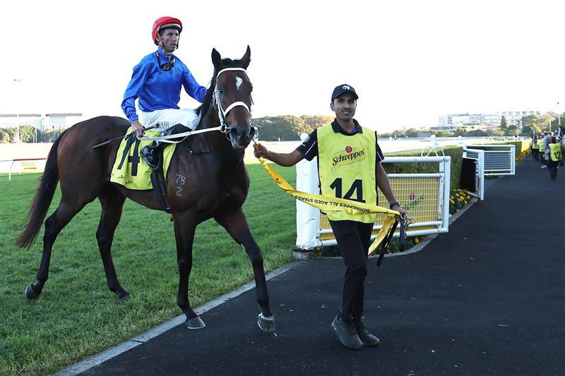 SYDNEY, AUSTRALIA - APRIL 18: Nash Rawiller riding Beiwacht  win Race 9 Schweppes All Aged Stakes during Sydney Racing at Royal Randwick Racecourse on April 18, 2026 in Sydney, Australia. (Photo by Jeremy Ng/Getty Images)
