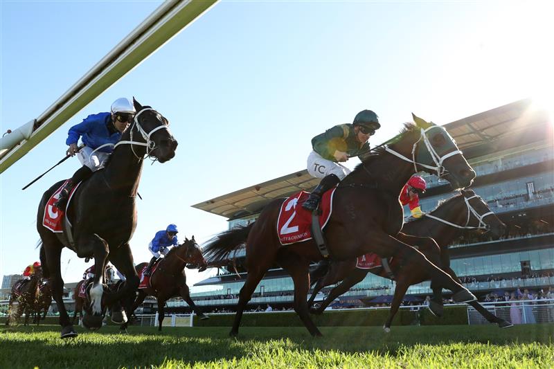 SYDNEY, AUSTRALIA - APRIL 18: Tim Clark riding Fireball win Race 7 Moet & Chandon Champagne Stakes during Sydney Racing at Royal Randwick Racecourse on April 18, 2026 in Sydney, Australia. (Photo by Jeremy Ng/Getty Images)