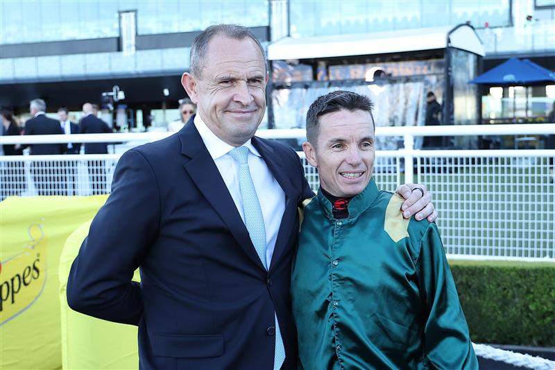 SYDNEY, AUSTRALIA - APRIL 18: Trainer Chris Waller celebrates after Tim Clark riding Fireball win Race 7 Moet & Chandon Champagne Stakes during Sydney Racing at Royal Randwick Racecourse on April 18, 2026 in Sydney, Australia. (Photo by Jeremy Ng/Getty Images)