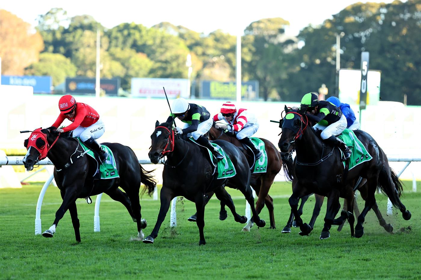 SYDNEY, AUSTRALIA - APRIL 18: Rachel King riding Mazu  win Race 8 TAB Hall Mark Stakes during Sydney Racing at Royal Randwick Racecourse on April 18, 2026 in Sydney, Australia. (Photo by Jeremy Ng/Getty Images)