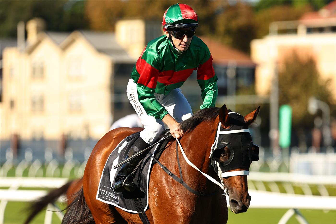 SYDNEY, AUSTRALIA - APRIL 18: Jason Collett  riding Asterix  win Race 6 Myplates Jra Plate during Sydney Racing at Royal Randwick Racecourse on April 18, 2026 in Sydney, Australia. (Photo by Jeremy Ng/Getty Images)