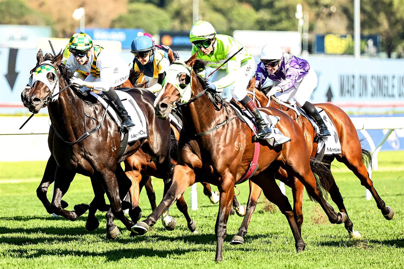 SYDNEY, AUSTRALIA - APRIL 18: Kerrin Mcevoy  riding Snitzel Dancer win Race 4 Mostyncopper James H B Carr Stakes during Sydney Racing at Royal Randwick Racecourse on April 18, 2026 in Sydney, Australia. (Photo by Jeremy Ng/Getty Images)