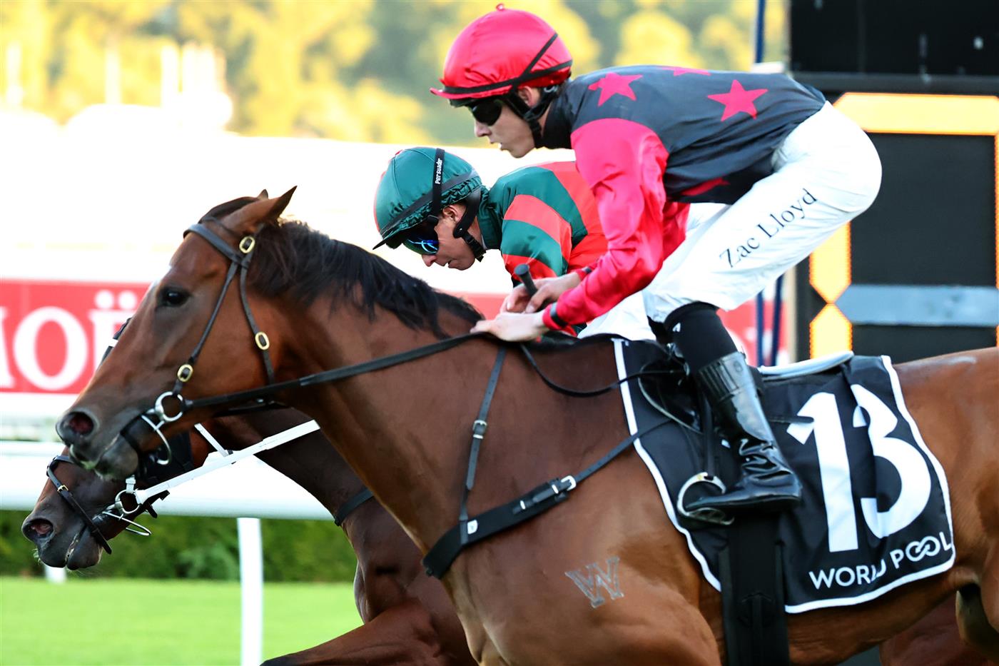 SYDNEY, AUSTRALIA - APRIL 18: Kerrin Mcevoy riding Captain Furai  win Race 10 HKJC World Pool during Sydney Racing at Royal Randwick Racecourse on April 18, 2026 in Sydney, Australia. (Photo by Jeremy Ng/Getty Images)