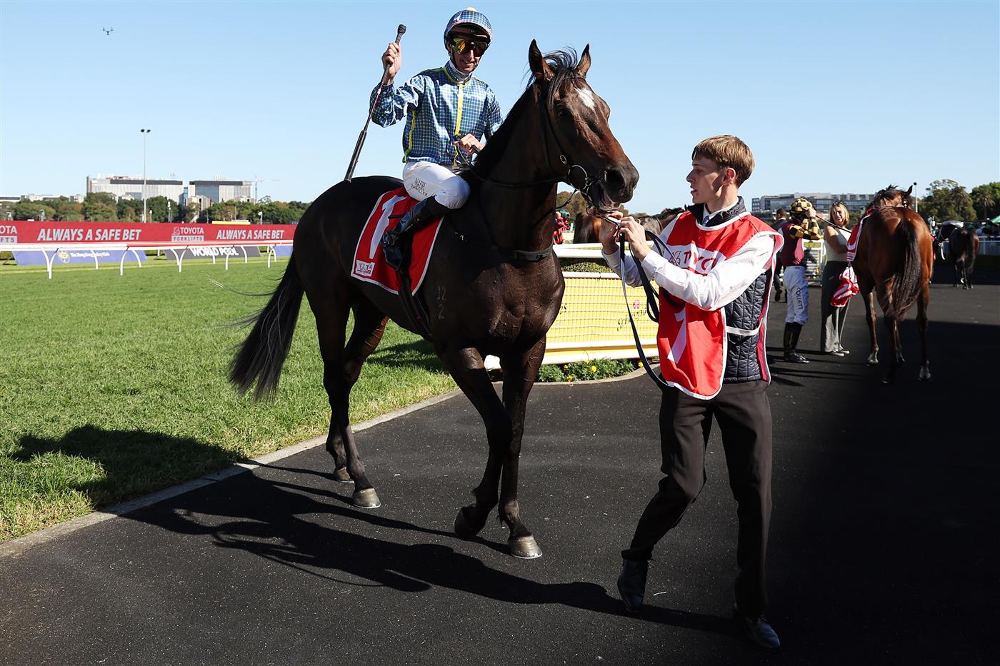 SYDNEY, AUSTRALIA - APRIL 18: Nash Rawiller riding Matias win Race 5 Toyota Forklifts Frank Packer Plate during Sydney Racing at Royal Randwick Racecourse on April 18, 2026 in Sydney, Australia. (Photo by Jeremy Ng/Getty Images)