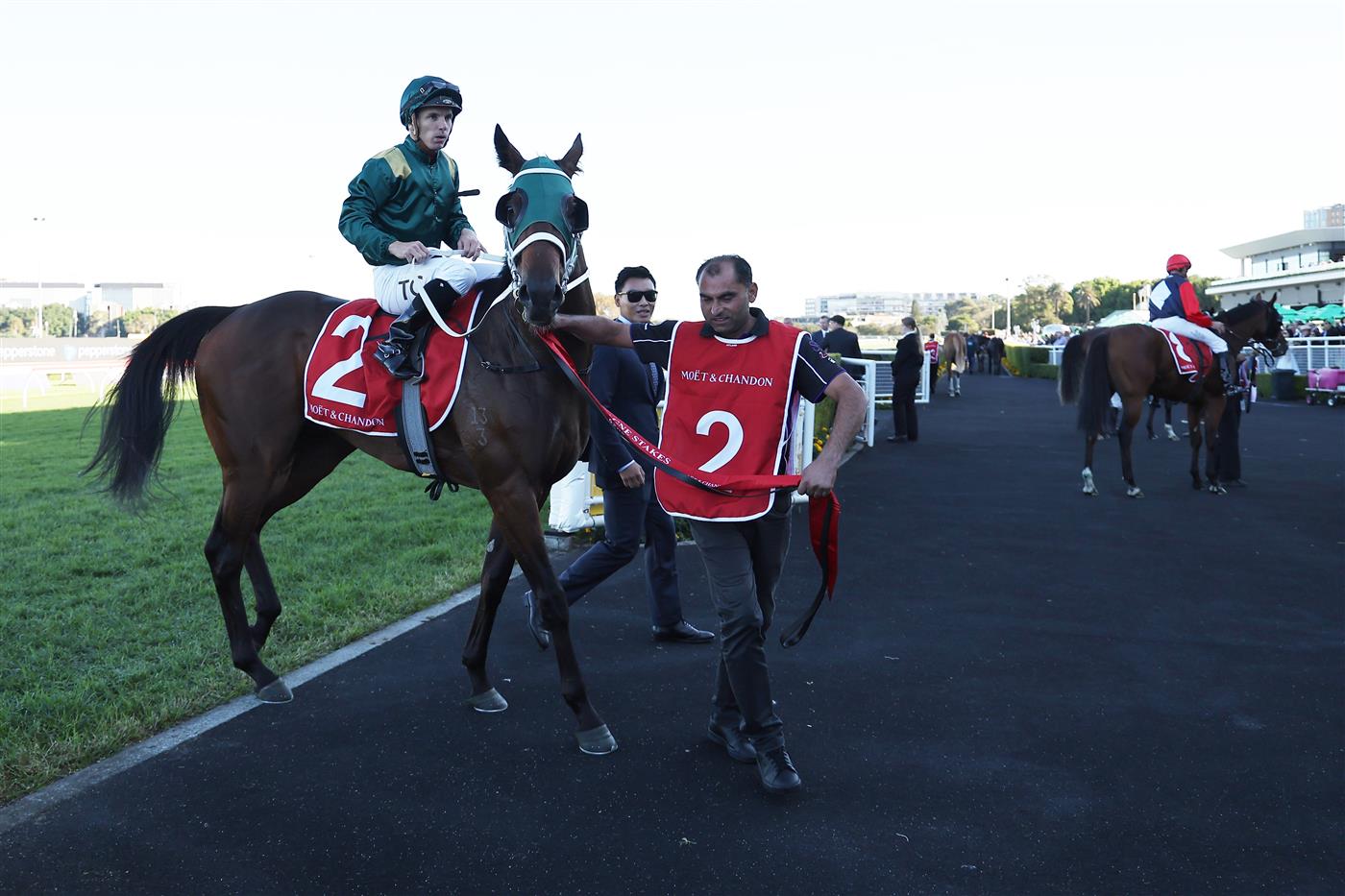 SYDNEY, AUSTRALIA - APRIL 18: Tim Clark riding Fireball win Race 7 Moet & Chandon Champagne Stakes during Sydney Racing at Royal Randwick Racecourse on April 18, 2026 in Sydney, Australia. (Photo by Jeremy Ng/Getty Images)