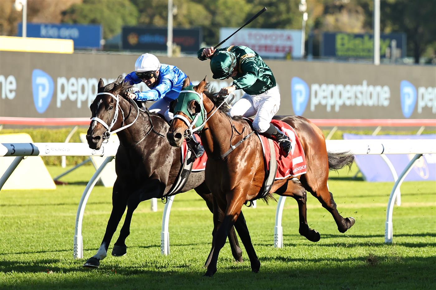SYDNEY, AUSTRALIA - APRIL 18: Tim Clark riding Fireball win Race 7 Moet & Chandon Champagne Stakes during Sydney Racing at Royal Randwick Racecourse on April 18, 2026 in Sydney, Australia. (Photo by Jeremy Ng/Getty Images)