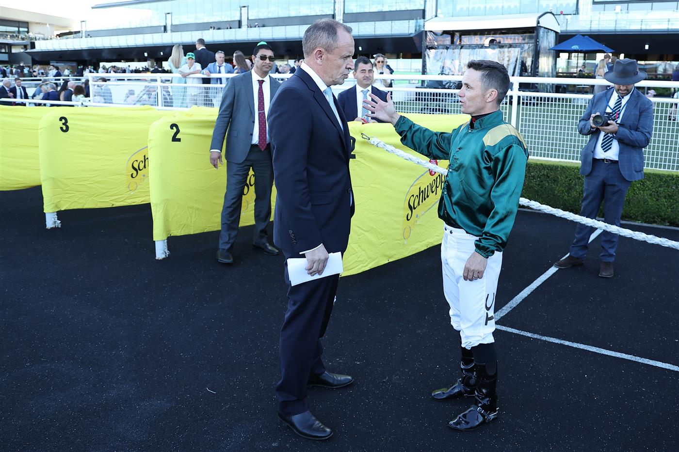 SYDNEY, AUSTRALIA - APRIL 18: Trainer Chris Waller celebrates after Tim Clark riding Fireball win Race 7 Moet & Chandon Champagne Stakes during Sydney Racing at Royal Randwick Racecourse on April 18, 2026 in Sydney, Australia. (Photo by Jeremy Ng/Getty Images)