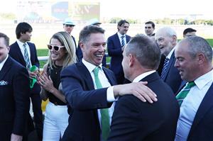 SYDNEY, AUSTRALIA - APRIL 18: Trainer Chris Waller celebrates after Tim Clark riding Fireball win Race 7 Moet & Chandon Champagne Stakes during Sydney Racing at Royal Randwick Racecourse on April 18, 2026 in Sydney, Australia. (Photo by Jeremy Ng/Getty Images)