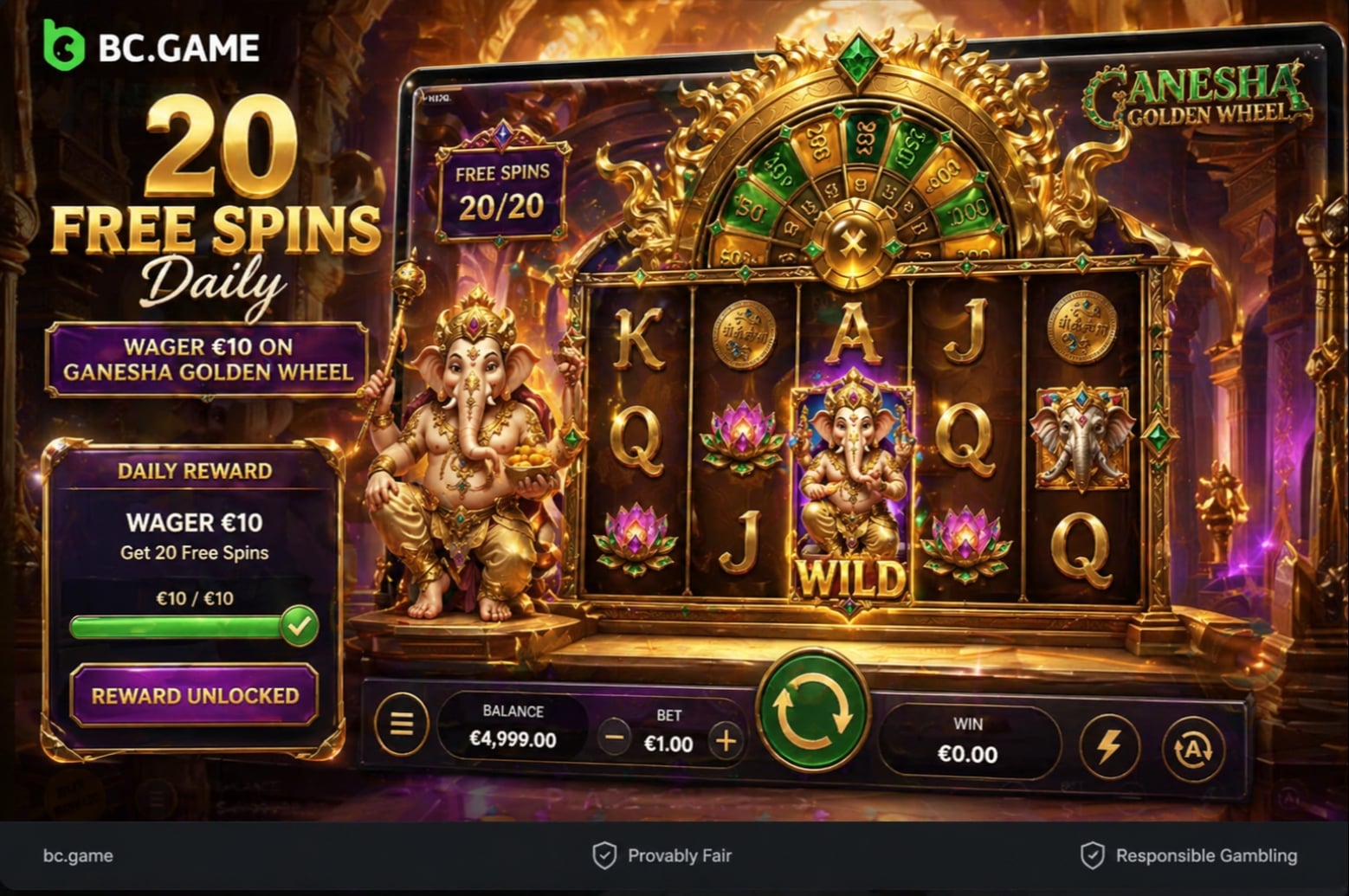 20 free spins on Ganesha Golden Wheel