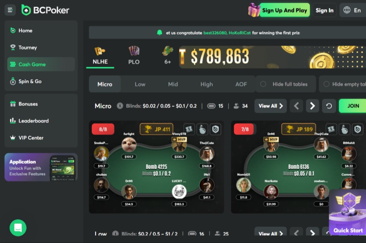 BCPoker Cash Games Lobby